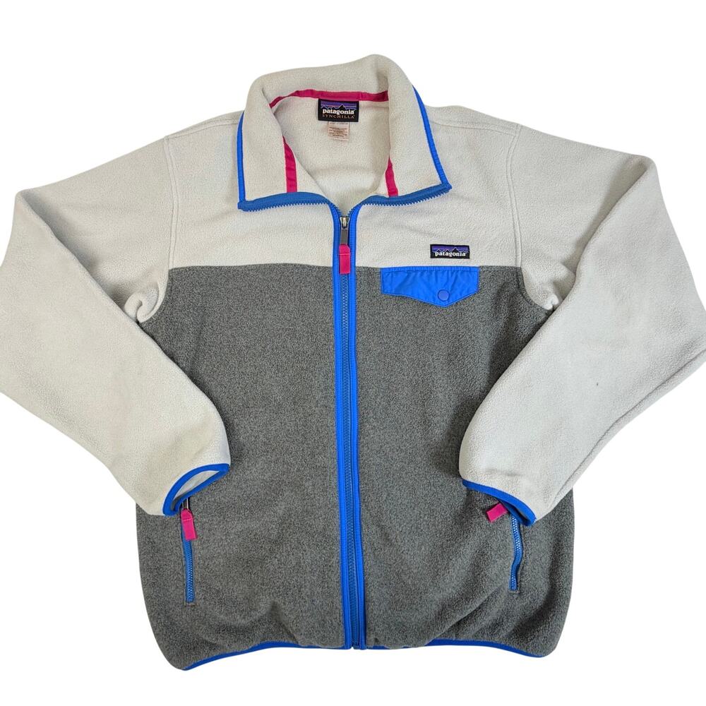 Patagonia Synchilla Women’s Large Full Zip Fleece Jacket Gray Ivory Blue Pink